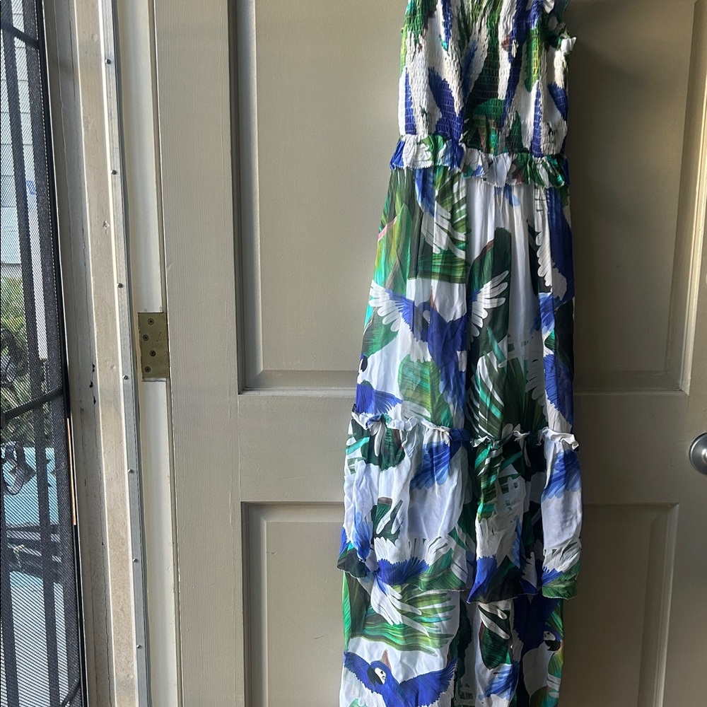 FARM Rio White Maxi Dress with Green and Blue Tropical Print